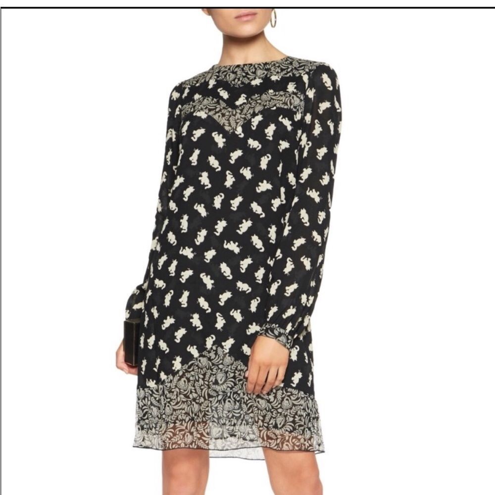 Anna Sui Black Long Sleeve Shift Dress Playful Cat Print Fall 2016 - M - NEW!